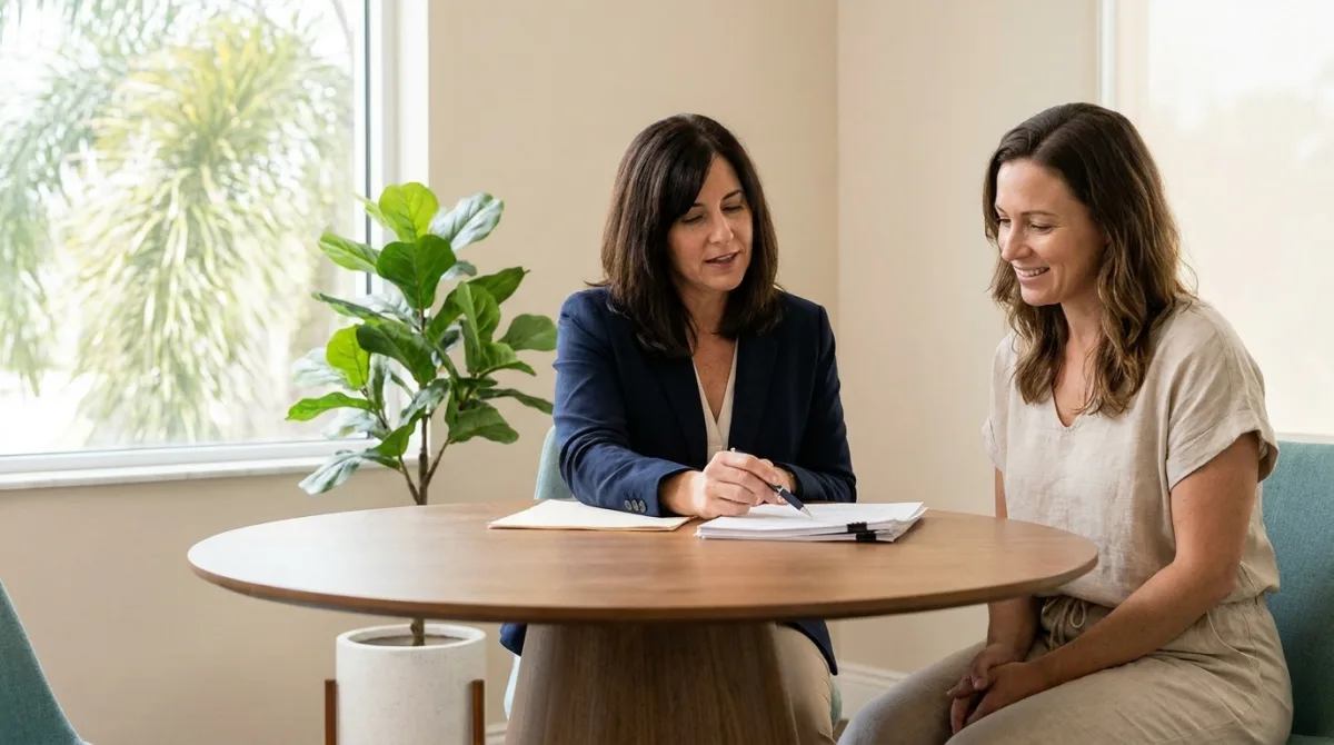 Family law attorney walking a client through documents at a table in a bright South Tampa office